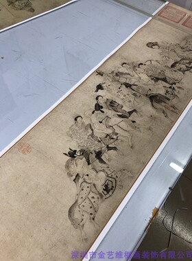 李公麟明皇击球图古画人物长卷画芯国画真迹原大高清复制白描人物