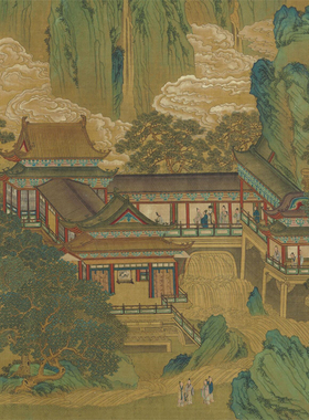 明代 仇英青绿山水人物长卷画蟠桃仙会图微喷复制临摹学习画稿
