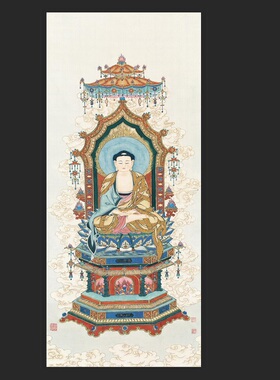 夏荆山 西方三圣佛像 阿弥陀佛观世音大势至菩萨三联佛堂佛像挂画