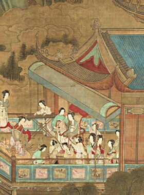 传盛懋 宫女游园图古代宫中仕女工笔国画立轴初春之景微喷画稿