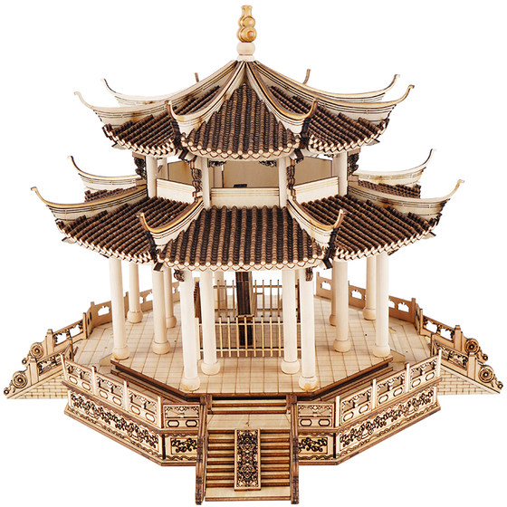 Four-corner wooden antique architectural model diy handmade
