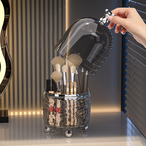 轻奢化妆刷收纳筒可旋转防尘圆形有盖卧室桌面上分隔收纳盒置物架 - 图1