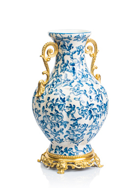 古典青花陶瓷全铜花瓶纸巾盒欧式客厅青花将军罐烛台装饰果盘摆件