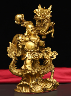 纯铜骑龙托宝背袋弥勒佛铜像佛像大肚佛家居办公室佛堂工艺品摆件