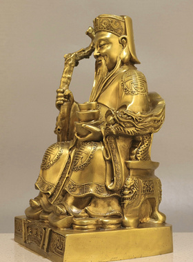 纯铜土地公婆摆件 黄铜坐龙椅土地财神铜像 家用店铺佛堂福德正神