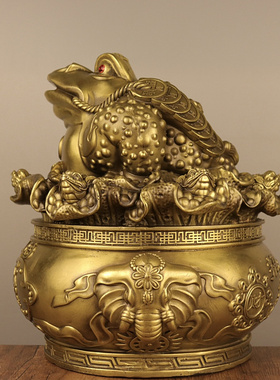 铜金蟾摆件黄铜三足金蟾蜍纯聚宝盆开业礼品三脚金蝉新中式装饰品