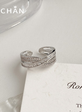 轻奢超闪锆石交叉开口食指戒