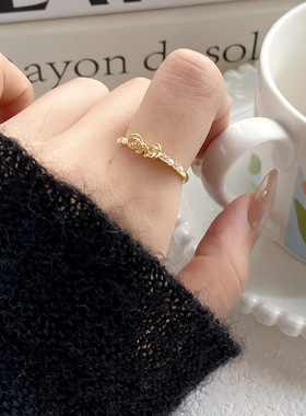 蝴蝶结锆石珍珠开口戒指ins风