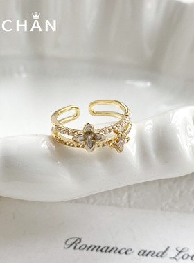 复古轻奢双层滴油锆石花朵食指戒