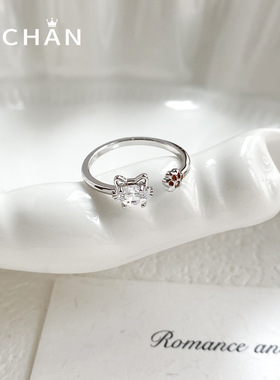 可爱猫咪锆石开口戒指可调节