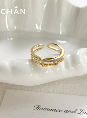 韩版双层蝴蝶结锆石开口戒指