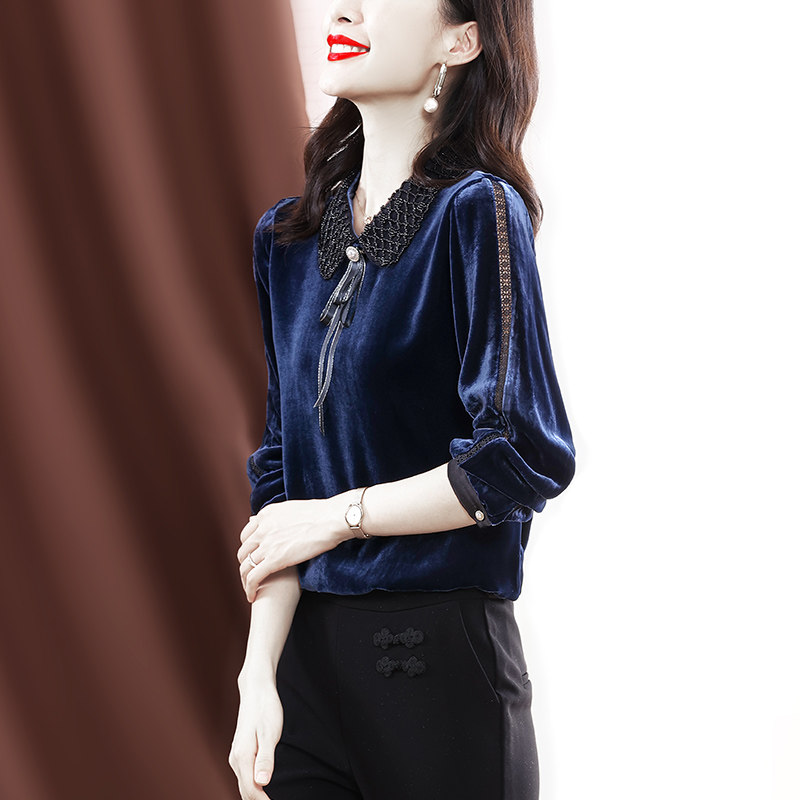 丝绒2021秋冬新款长袖蕾丝拼接衬衫 伊惠连衬衫