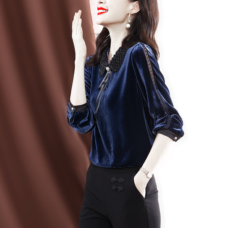 丝绒2021秋冬新款长袖蕾丝拼接衬衫 伊惠连衬衫