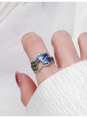 通用景泰蓝复古双鱼戏莲开口戒