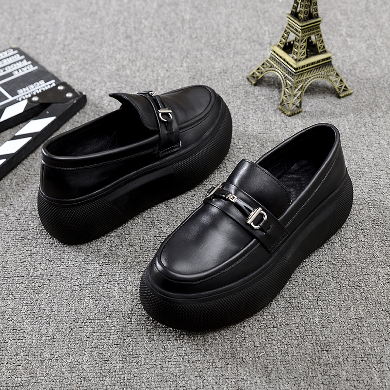 欧洲站2025春季新款女鞋英伦风真皮马毛厚底单鞋时尚百搭松糕鞋 - 图1