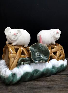 陶瓷生肖招财风水猪笼入水摆件