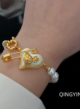 欧美时髦西太新款爱心别针土星珍珠女小众设计高级感甜酷辣妹手链
