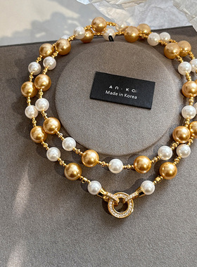 茶金色贵气澳白串珠珍珠毛衣链项链女轻奢小众高级感2025新款颈链