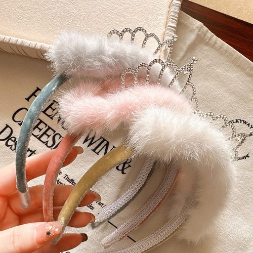 韩国新款气质皇冠水钻发箍秋冬毛绒绒可爱卡通洗脸头箍小公主发卡 - 图1