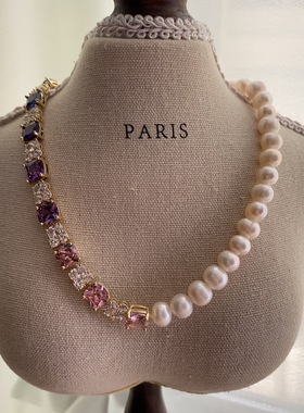 时尚精致大气高贵天然珍珠项链满镶嵌拼接方形紫色锆石项链锁骨链