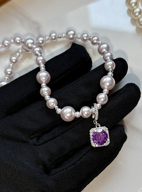 S家玫瑰紫色珍珠气泡方糖锆石吊坠项链女款高级感轻奢锁骨链颈链