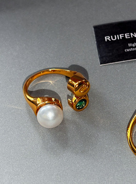 欧美开口天然淡水珍珠锆石戒指女轻奢小众设计感高级复古食指指环