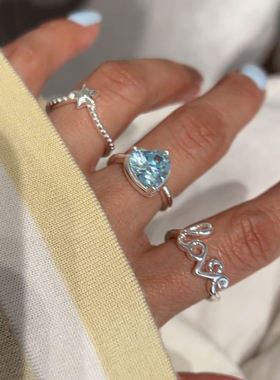 Aililyba韩国通体925纯银海洋之心戒指开口星星LOVE戒指