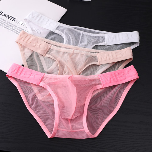 超薄男士三角内裤网纱透明激凸镂空透视性感舒适透气大囊袋短裤衩 - 图2