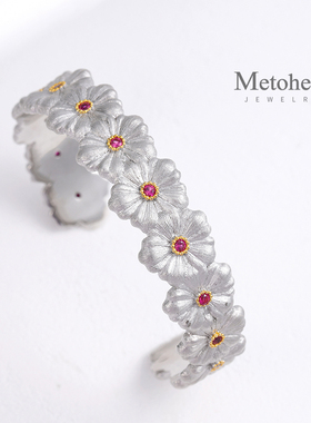 欧美 复古式宫廷红宝石礼物 开口手镯 S925银镀金拉丝大牌手镯 女