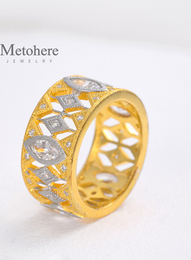 欧美 复古式宫廷花舞戒指 S925银镀金蕾丝镂空镶锆石戒指 女