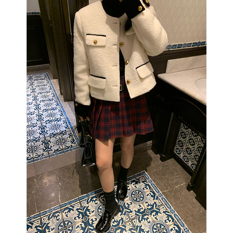 今屿花花 白色小香风羽绒服冬季女2023新款短款毛呢加厚保暖外套