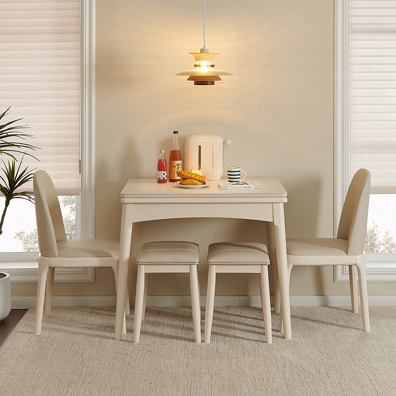 奶油风餐桌椅岩板可折叠小户型现代家用法式轻奢实木公寓白色饭桌