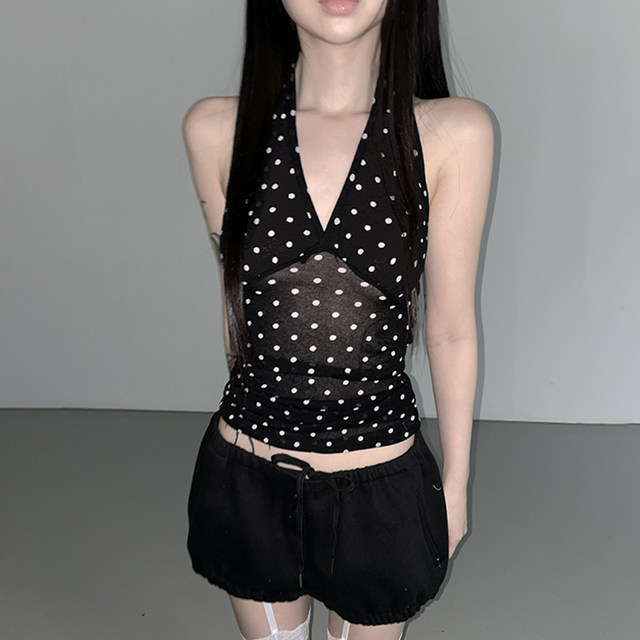ແບບເກົາຫຼີ ins trendy dot printed pure wish halter neck vest