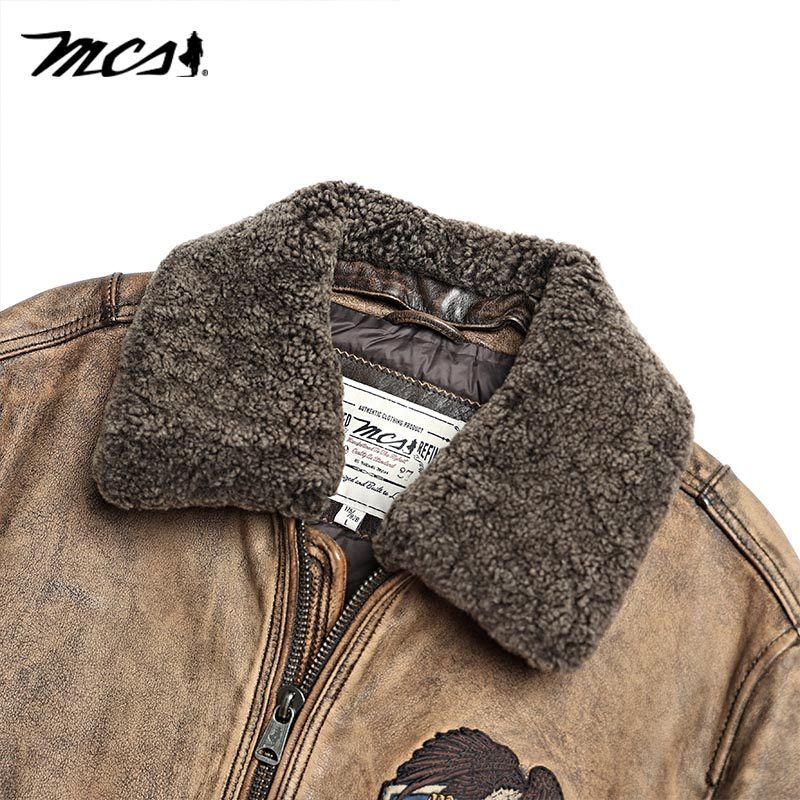 MCS秋冬男装毛翻领皮夹克男短款飞行员羽绒牛皮真皮皮衣复古外套,淘宝优惠券,粉丝福利购,淘宝优惠卷