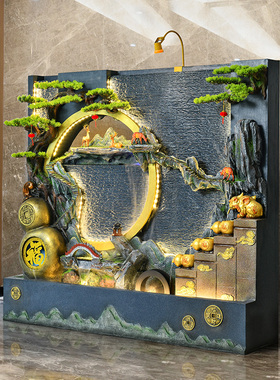 中式招财水幕墙流水屏风办公室庭院客厅大型风水轮假山喷泉造景