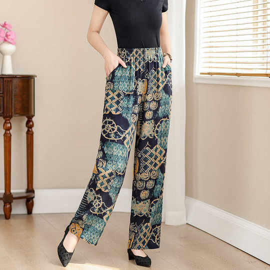 中老年棉绸花裤子夏季女士妈妈大码松紧腰休闲裤人造棉薄款九分裤