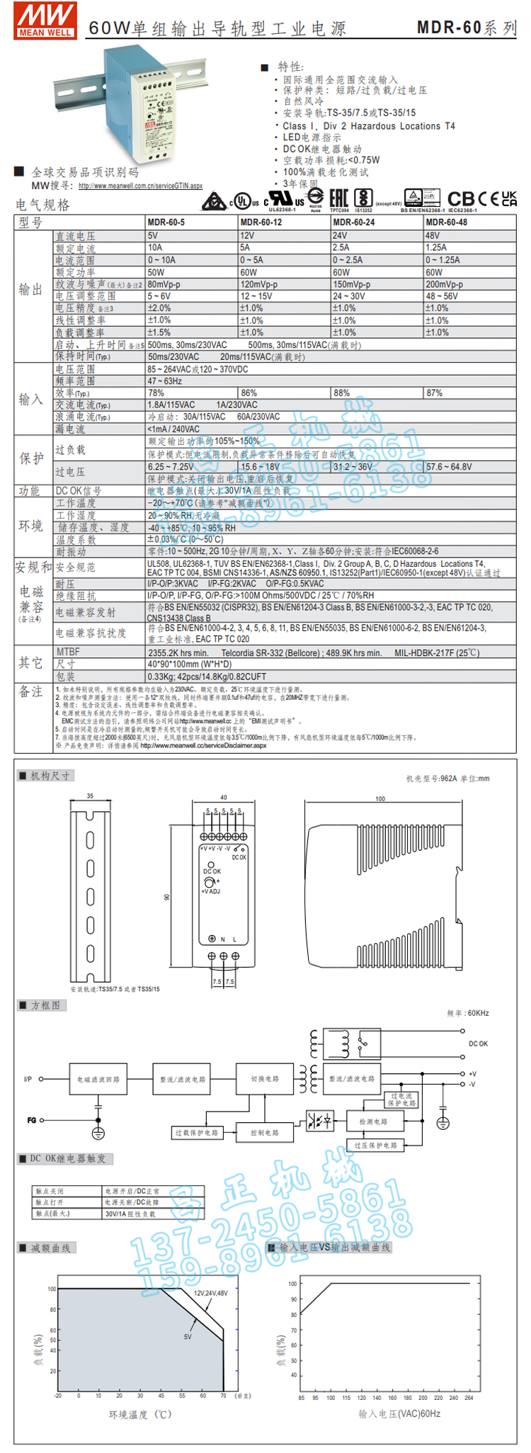 明纬开关电源MDR-60导轨式60W5V 12V 24V 48V小体积DR薄塑料外壳