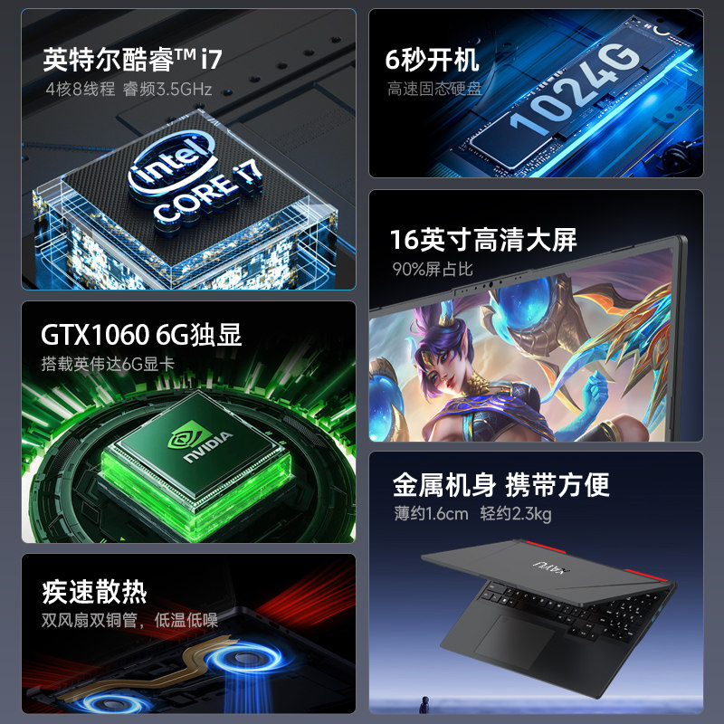 13代酷睿i7笔记本电脑6G独显GTX1060高配置大学生用便携商务办公本轻薄本电竞本游戏本ps设计师用cad炒股电脑