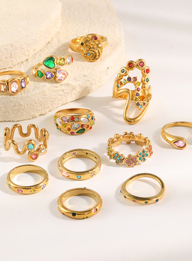 欧美跨境ins彩钻花朵轻奢气质手饰不锈钢镀18K金水滴波浪个性戒指