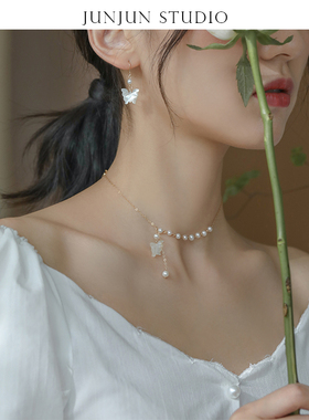 junjun原创天然白贝母珍珠锁骨链