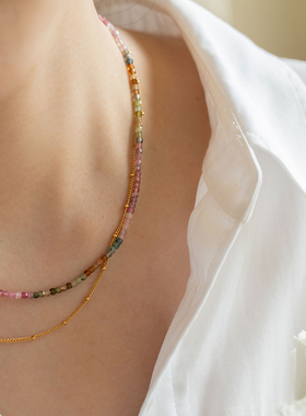 彩色碧玺方糖珠水晶锁骨链叠戴