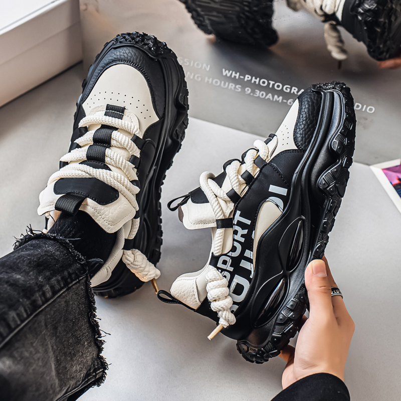 潮牌男鞋秋季青少年高级感黑色老爹鞋冬季休闲跑步厚底增高运动鞋 - 图2