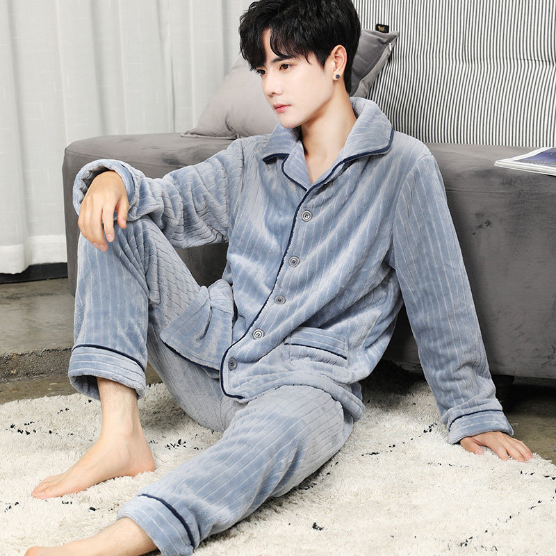 男士冬季法兰绒加绒加肥珊瑚绒睡衣 爱唯美服饰睡衣/家居服套装