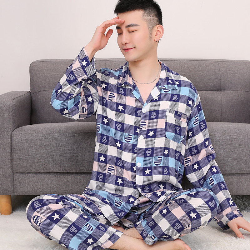 男士夏季青年人造棉薄加大长袖睡衣 爱唯美服饰睡衣/家居服套装