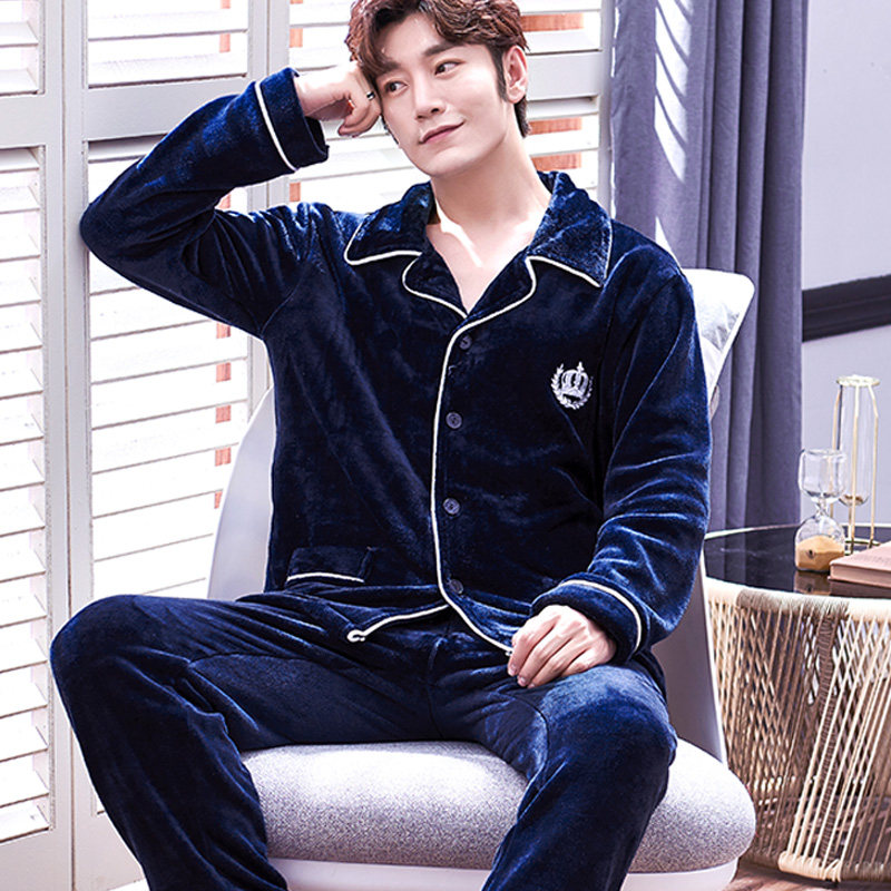秋冬天珊瑚绒男士青年长袖套装睡衣 爱唯美服饰睡衣/家居服套装