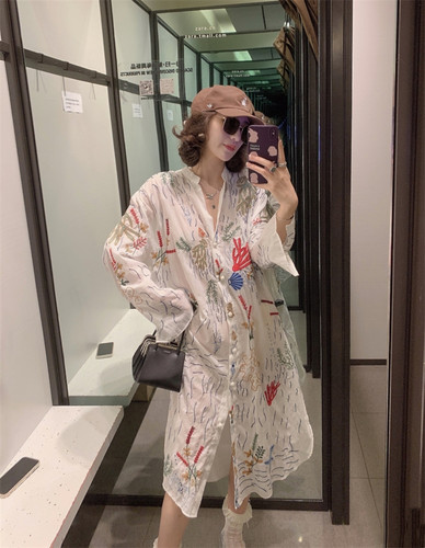 ZA女装春夏新款 宽松休闲刺绣长款衬衫式连衣裙 5107047 251 - 图2