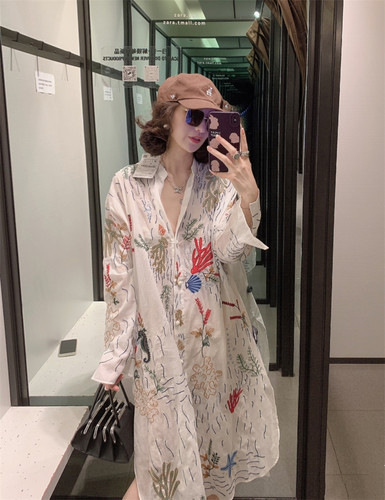 ZA女装春夏新款 宽松休闲刺绣长款衬衫式连衣裙 5107047 251 - 图3