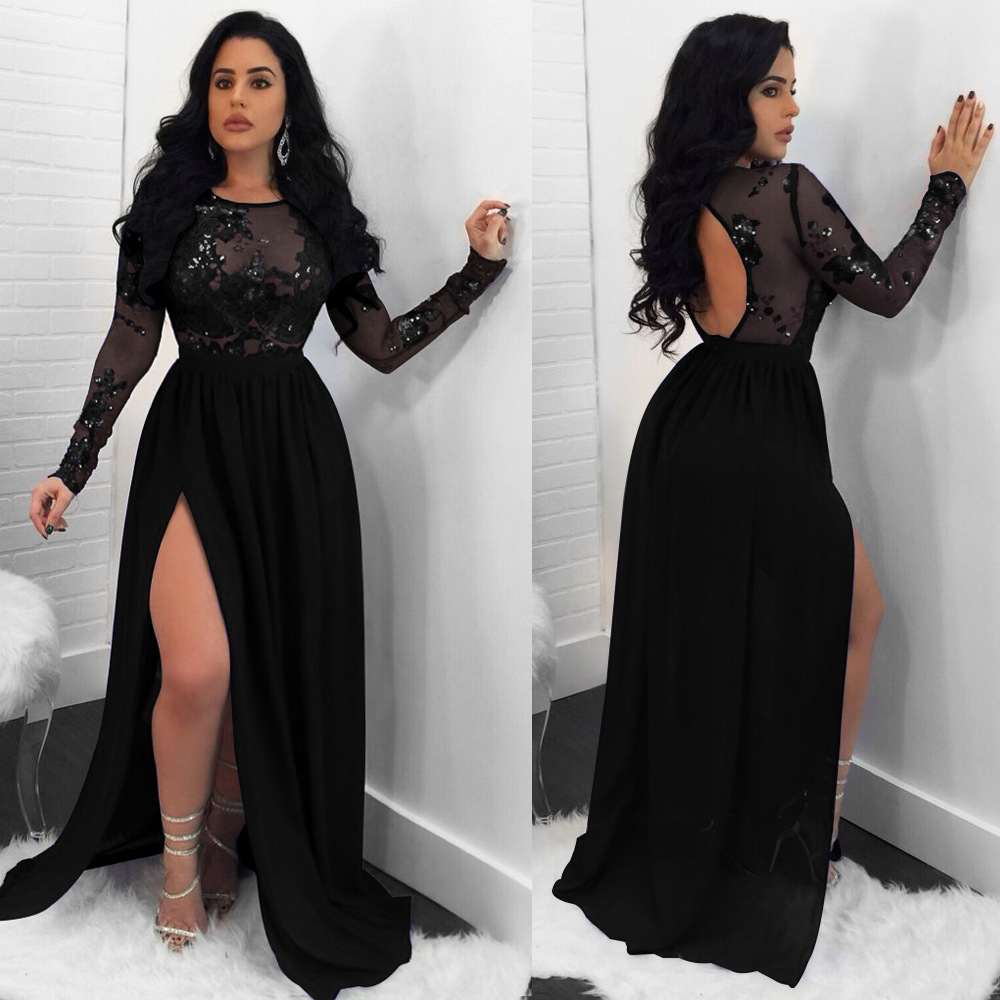 Long sleeves dress women long wide dress black night club xl-图0