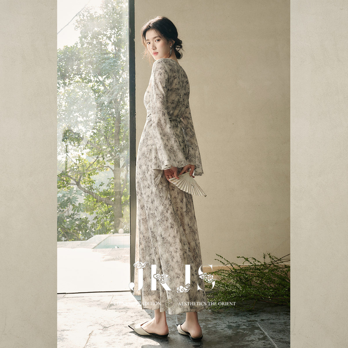 JKJS【韵韶华】人丝亚麻碎花裙 新中式长袖连衣裙日落裙气质长裙