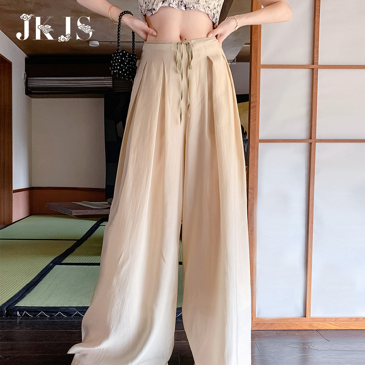 JKJS天丝莱赛尔 新中式阔腿裤女夏季设计感国风高腰凉爽感休闲裤